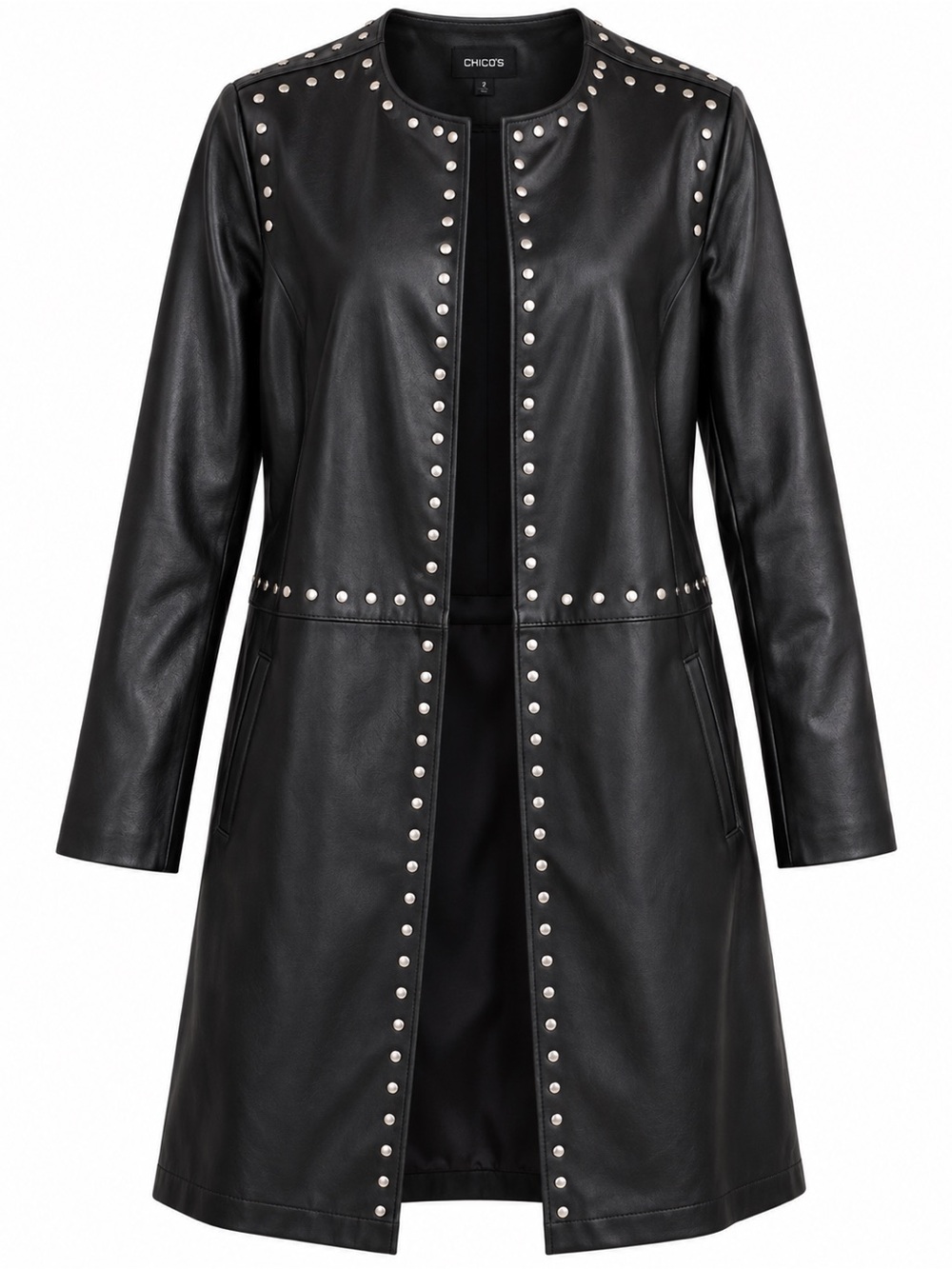 Chico's Black Faux Leather Studded duster coat~ Chico’s Size 2 or 12